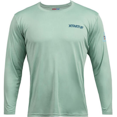 The Men's Long Sleeve Tee XAS201 Seafoam, is made of 100% recycled  polyester, UPF 50, and has XTRATUF logos on front and back.