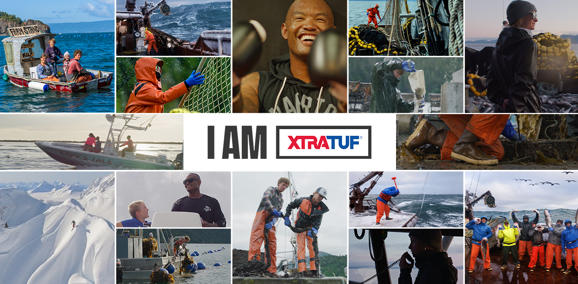 Collage featuring the I AM XTRATUF logo and a variety of XTRATUF brand ambassadors doing work and outdoor activities.