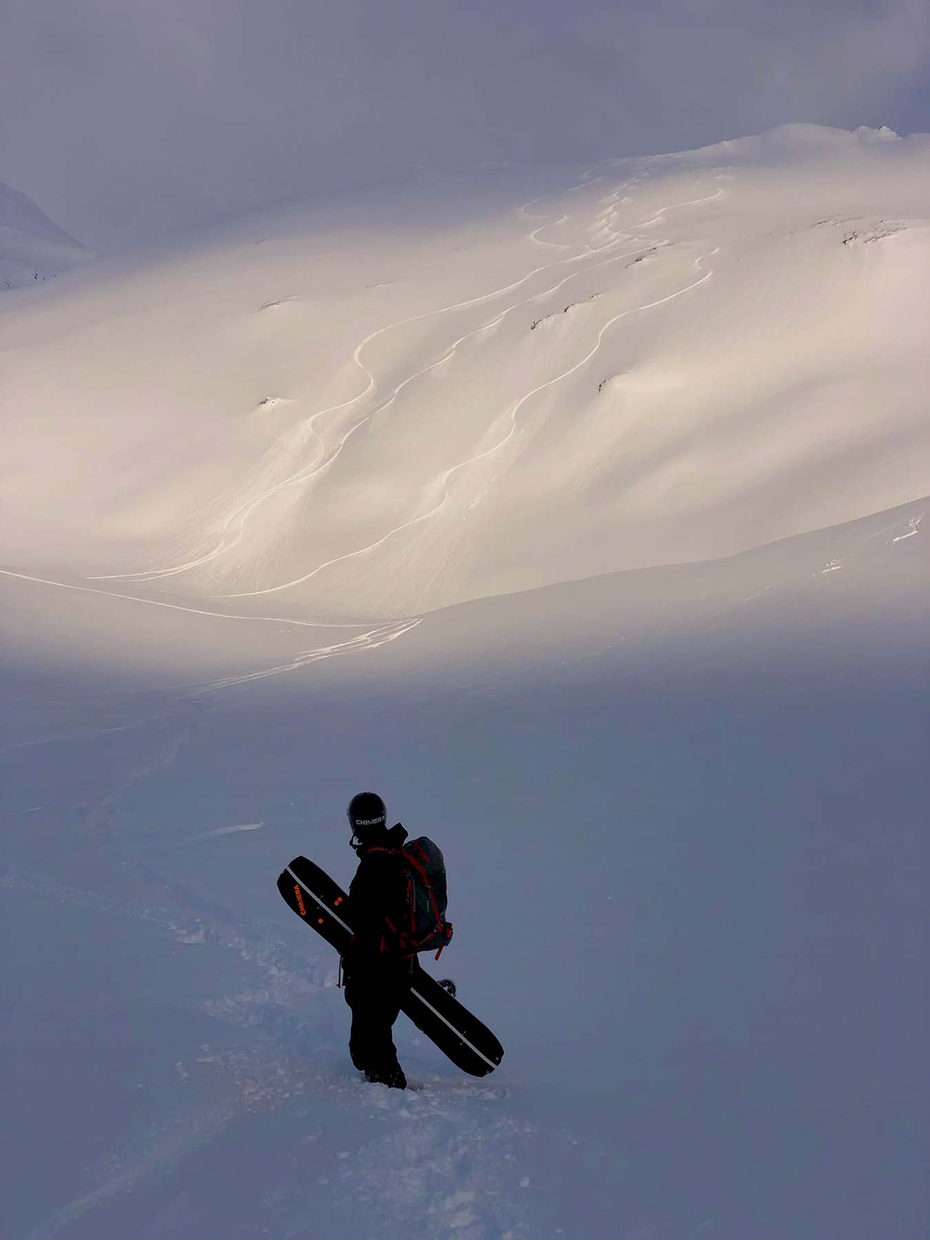 Holding a snowboard in knee deep snow