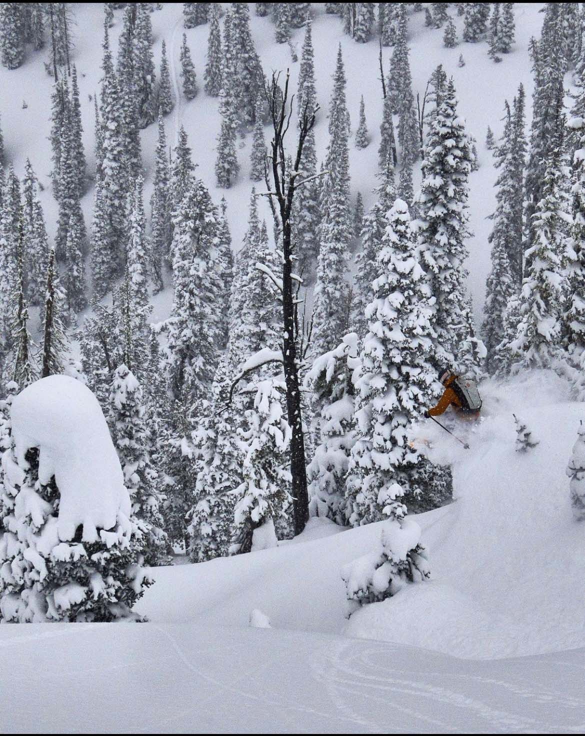 McKenna skiing on a steep slope.