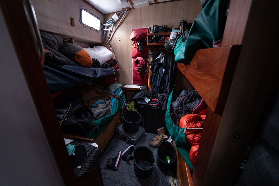 Below deck in the bunk room