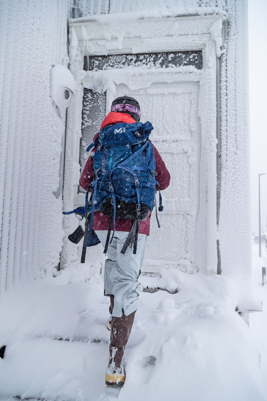 Trekking with gear in the snow